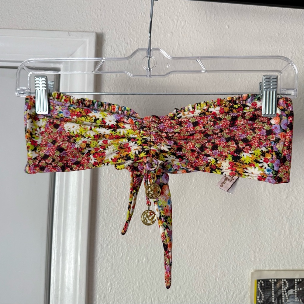 LULI FAMA multicolor floral tie front back bandeau strapless swim bikini top